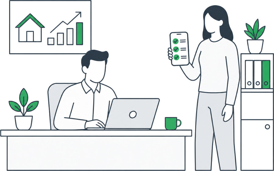 A broker at a laptop and a colleague holding a phone with a completed document checklist